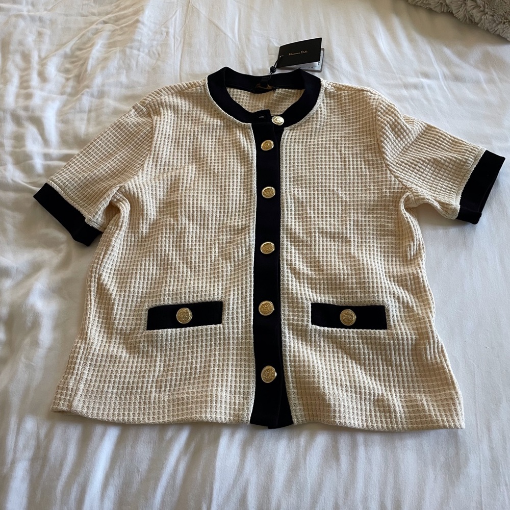 Massimo Dutti Short Sleeve Cardigan in Ecru/Black